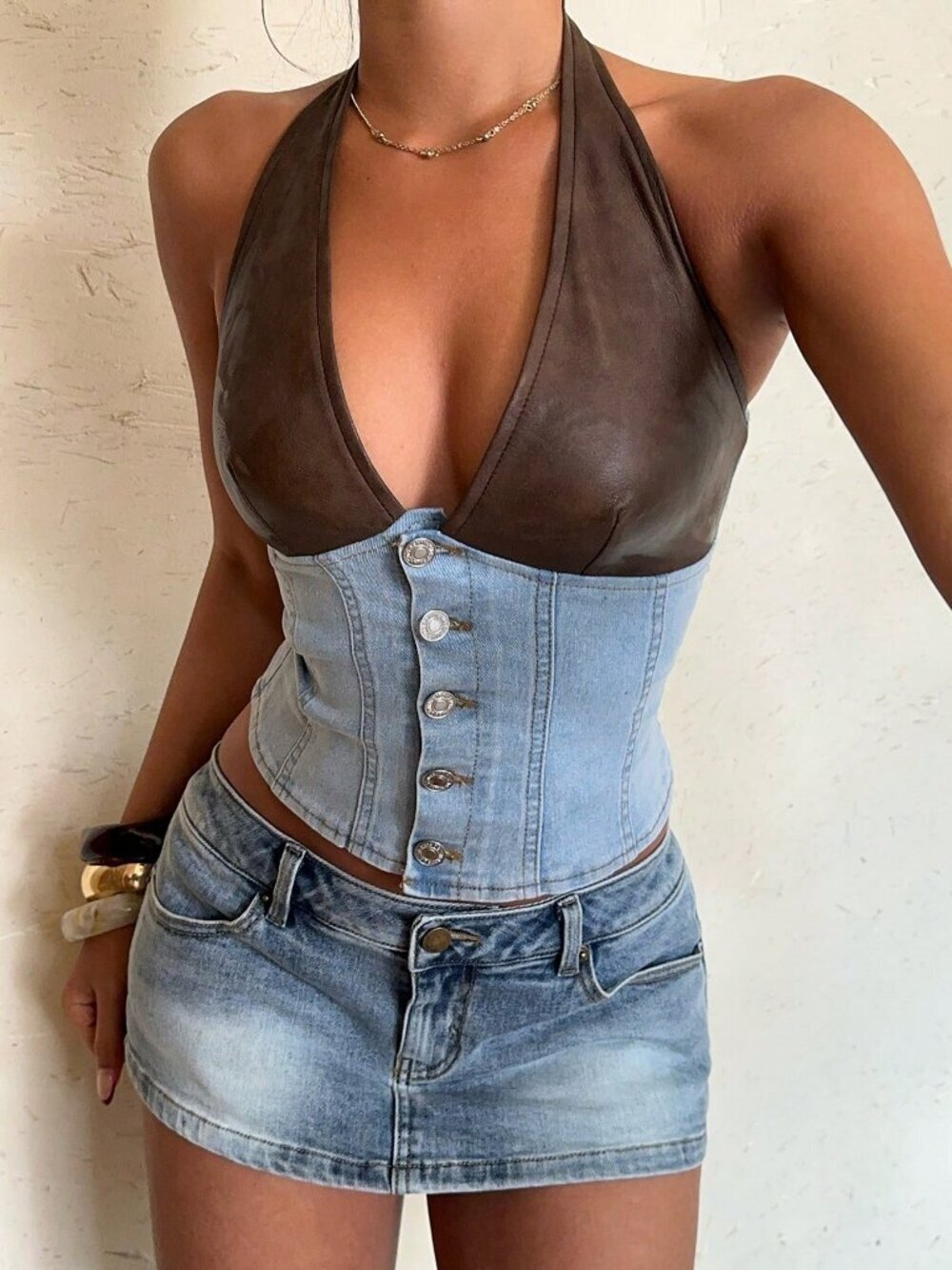 Blue Sexy Women's Backless Halter Patchwork Denim Blouse